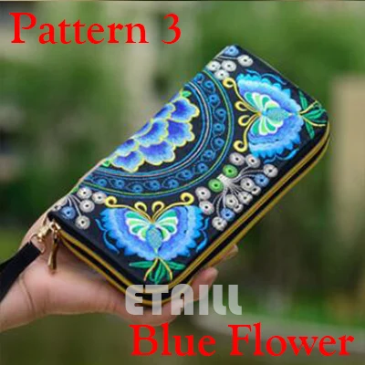 Двойная молния национальный Бохо индийский тайский вышитый кошелек клатч цветочный длинный дизайн холст национальный тренд кошелек держатель для карт - Цвет: Pattern 3 Blue