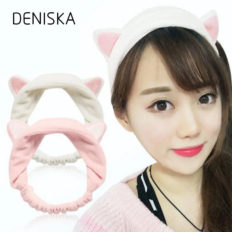 DENISKA Cute Elastic Cat Ears Headbands for Women Girls Makeup Face