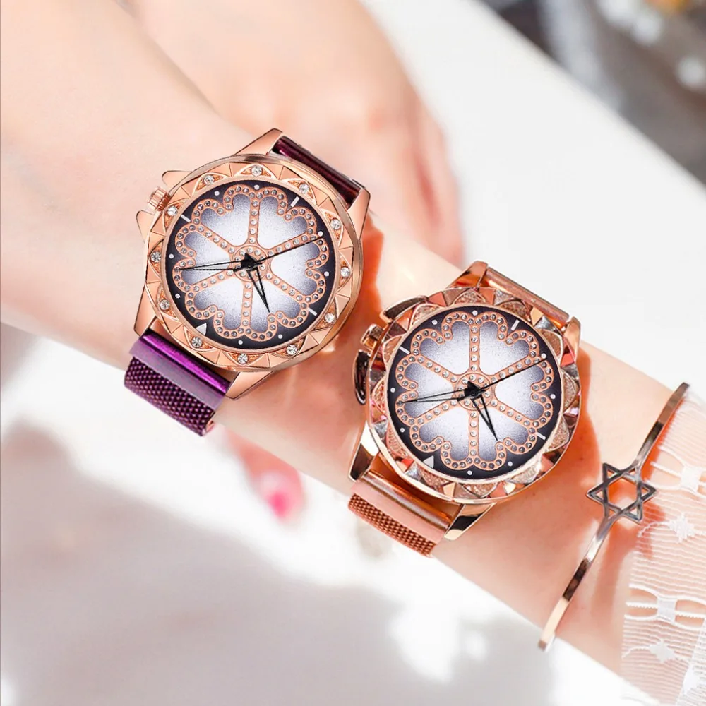 

Flower Diamond Luxury Ladies Magnet Buckle Wristwatches Elegant Women's Fashion Rose Gold Female Quartz Clock Mesh Strap Watch