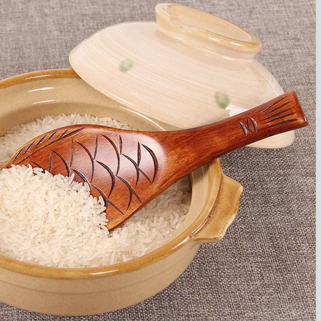 

1PCS Rice Spoons Handmade Natural Rustic Nontoxic Wooden Spoon Set Soup Dinner Salad Pasta Dessert Serving Cooking Tools Kitchen