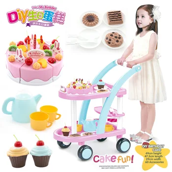 

60PCS Baby Kitchen Toys Pretend Play Cutting Kids Children Trolley with Cake Play Food Gift