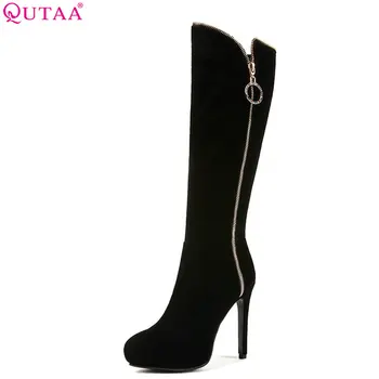 

QUTAA 2019 New Fashion Sexy Women Boots Knhee High Boots Platform Thin High Heel Blacke Winter Shoes Women Boots Big Size 34-43