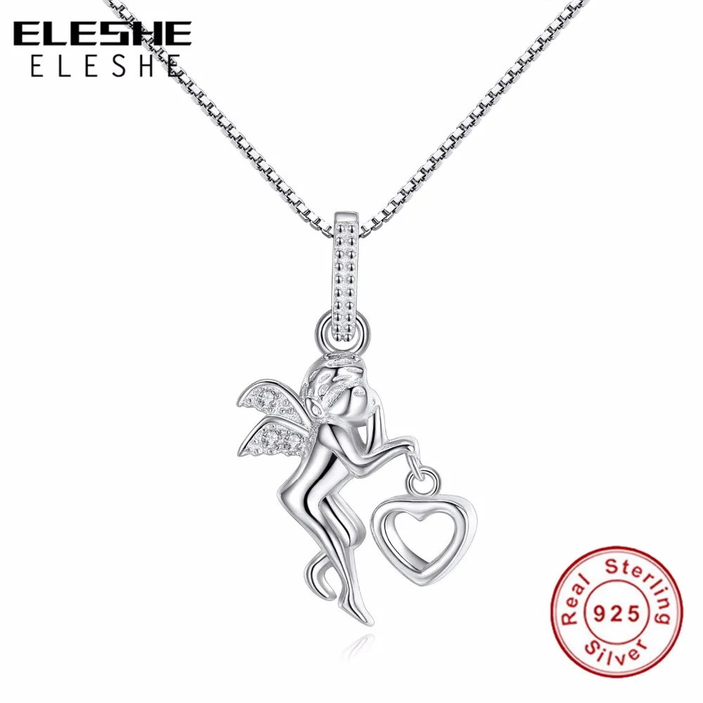 ELESHE Luxury Real 925 Sterling Silver Angel Wing With Love Heart Crystal Pendant Necklace for Women Girl Valentine's Day Gift