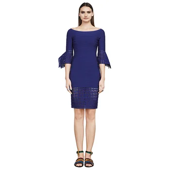 

Blue White Solid Top Quality Women Dress Slash Neck Bandage Dress Evening Party Dress