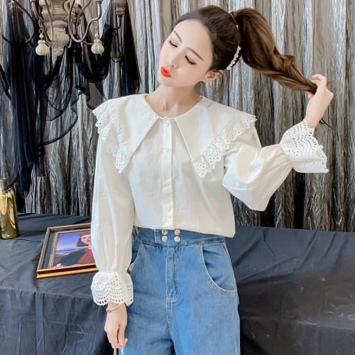 

Fashion Chic Peter Pan Collar Camisas Casual Brief Flarre Sleeve Brief Blouse Femme Ete Patchwork Single Breasted Camisas