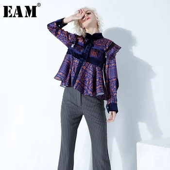 

[EAM] 2020 New Spring Autumn Stand Collar Long Sleeve Pattern Printed Pleated Loose Temperament Shirt Women Blouse Fashion JY782