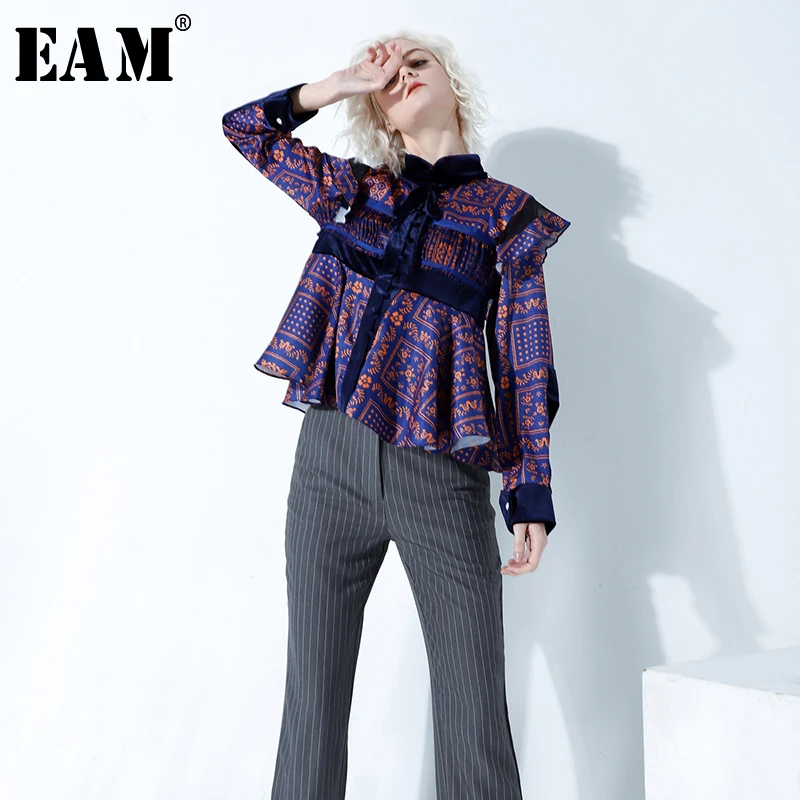 

[EAM] 2019 New Spring Autumn Stand Collar Long Sleeve Pattern Printed Pleated Loose Temperament Shirt Women Blouse Fashion JY782
