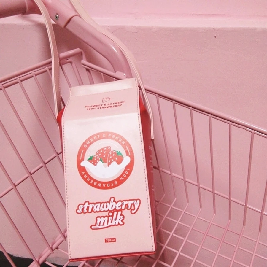 

Fun Cute Cartoon Printed Letter Strawberry Milk Box Style Pu Leather Bags Women Messenger Shoulder Bag Ladies Mini Crossbody Bag
