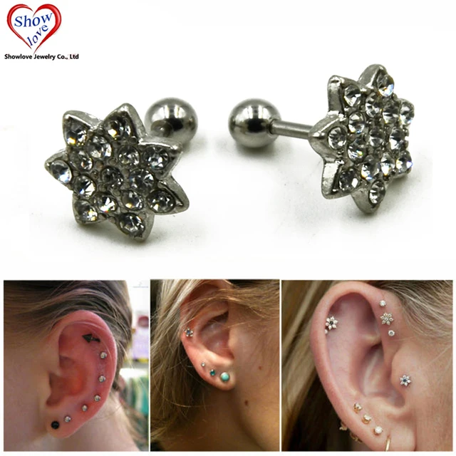 Showlove Pair Surgical Steel Crystal Flower Ear Studs Cartilage Showlove Pair Surgical Steel Crystal Flower Ear Studs Cartilage Earrings Tragus Helix Piercing 16 Gauges