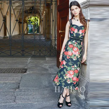 

2018 spring and summer European and American runway black lace party dress long strap floral fishtail female prom retro dresses