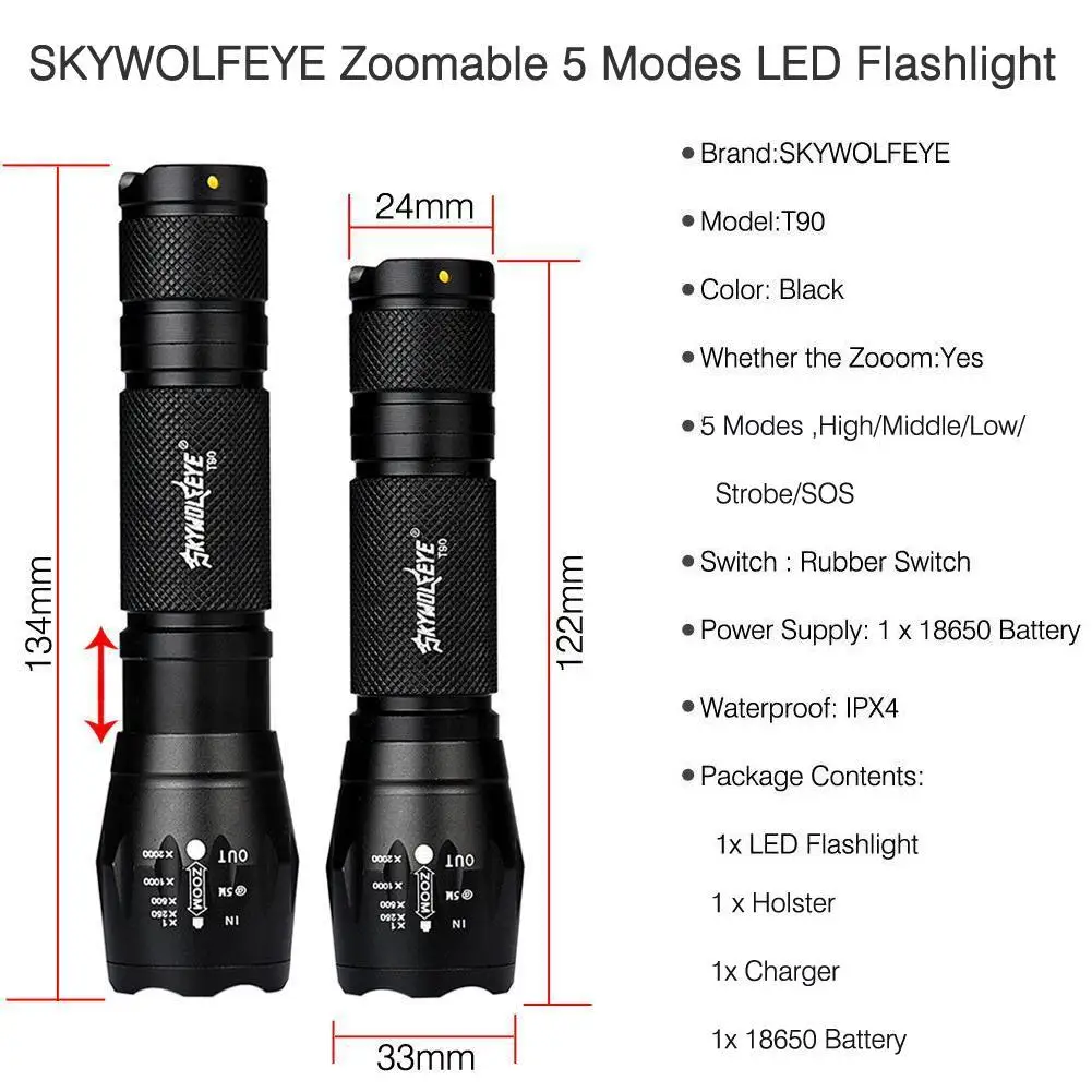SKYWOLFEYE 8000 лм Zoom T6 светодиодный фонарик 5 режимов Портативный 18650 аккумулятор с