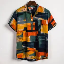 Camisa masculina 2019 Мужская гавайская рубашка Этническая короткий рукав Повседневная хлопковая льняной с принтом гавайская рубашка Блузка