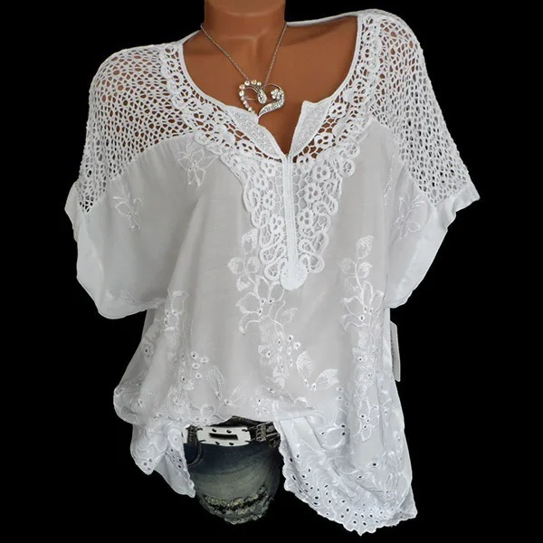 Белая кружевная футболка с коротким рукавом, Koszulki Damskie, топы Mujer Verano размера плюс Xxxxl Xxxxxl 5xl, женская одежда - Цвет: white