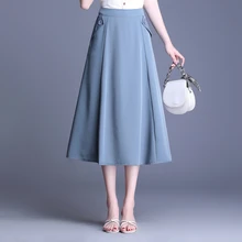 Женская Однотонная юбка с высокой талией, новая летняя Юбка Saia Femininas, Модная элегантная уличная Женская юбка до середины икры