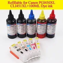 Refillable empty ink cartridge PGI450XL for Canon + 100ML PBK/BK/C/M/Y dye Ink For Canon IP7240 MG5440 MG5540 MG6440 MG6640