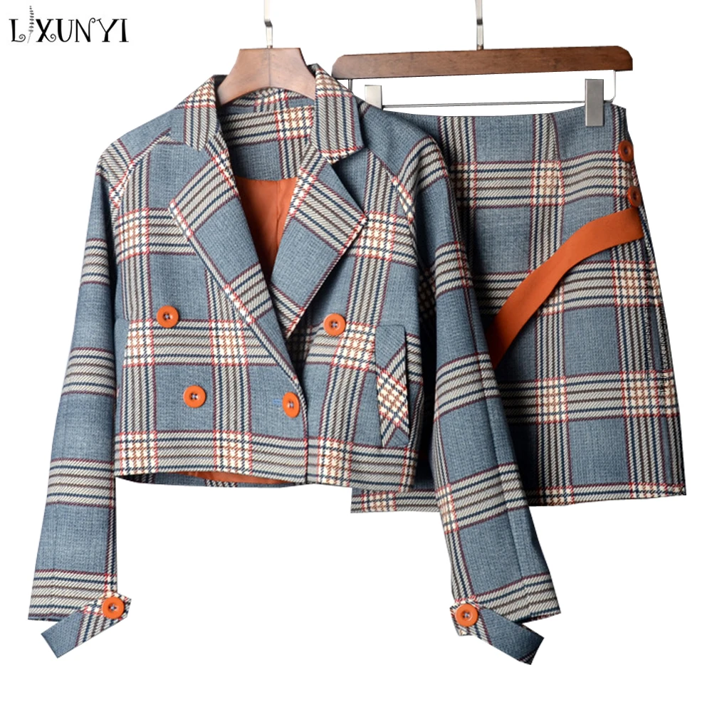 LXUNYI Демисезонный из двух частей костюм с юбкой в клетку комплект Для женщин корейский стиль Женский комплект мини-юбка и короткие куртки