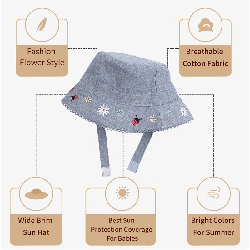 Flower Baby Girls Hat Summer Sun Cap For Girls Fashion Denim Kids Bucket Hat Sun Protect Hat With Strap Baby Girls Clothing 0-4Y (1)