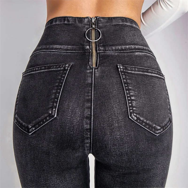 Women Slim Elastic Jeans Back ZIPPER High Waist Sexy Pencil Pants ...