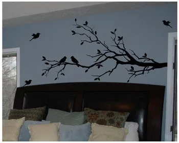 

Free Shipping Large size 147cmx71cm Vinyl Tree Branch with 10 birds Wall Decal Removable Wall Sticker Home Decor Art Mural,T3003