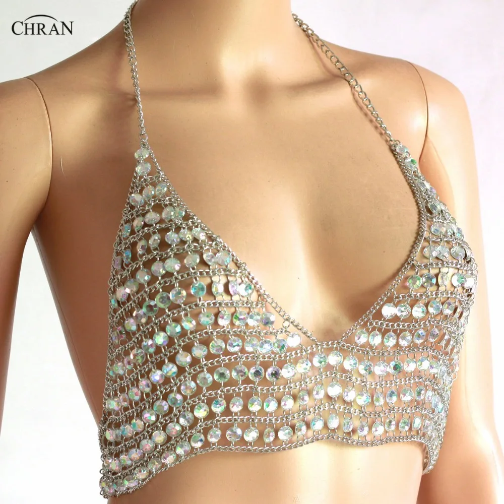 Chran Chain AB Gem Crop Топы блестящий топ пляжная одежда Жгут ожерелье богемное женское