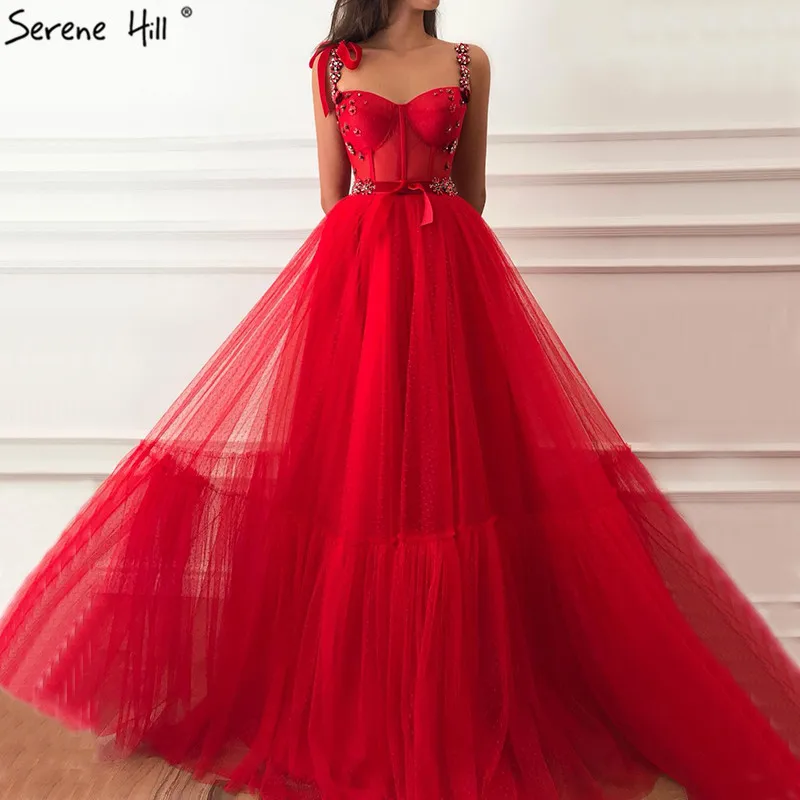 

Dubai Red Sleeveless Crystal Bow Prom Dresses 2019 A-Line Sexy Fashion Prom Gowns Serene Hill BLA60952