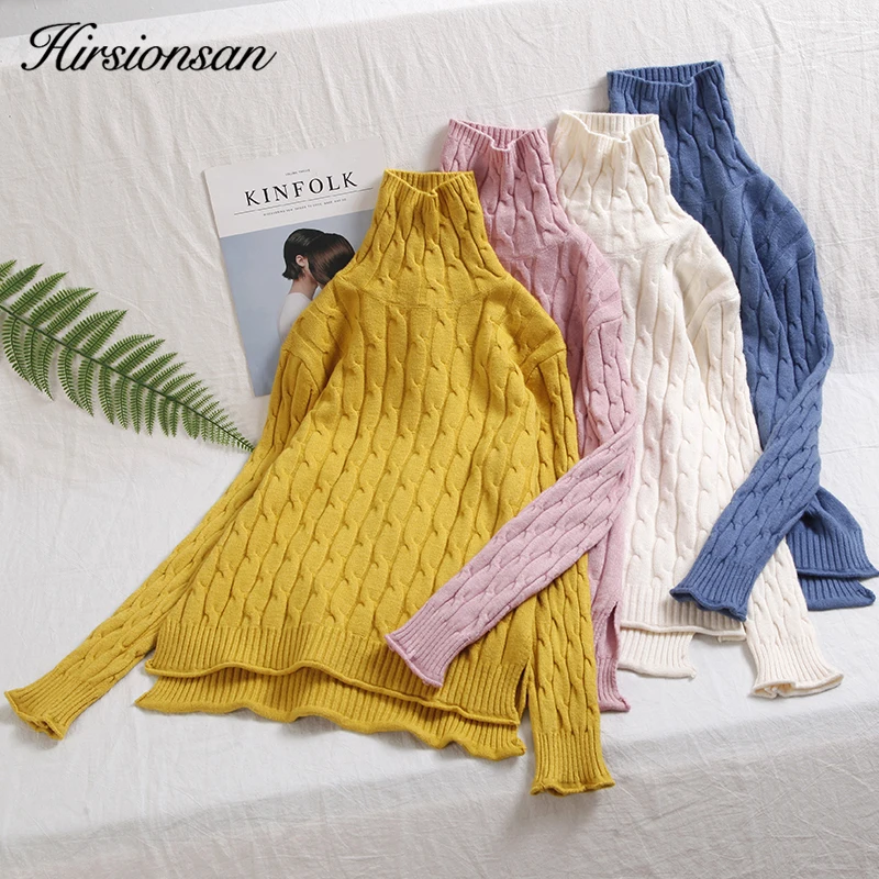 

Hirsionsan Sweater Women 2018 Autumn Winter Twist Knitted Turtleneck Women Pullovers Casual Thicken Jumper Side Split Pull Femme