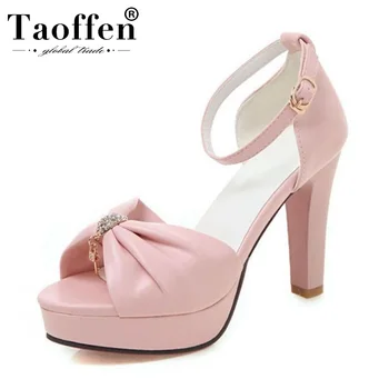 

TAOFFEN Bowknot Crystal 4 Colors Office Ladies Sandals Summer Party Platform Metal Wedding Shoes Women Dance Size 34-43