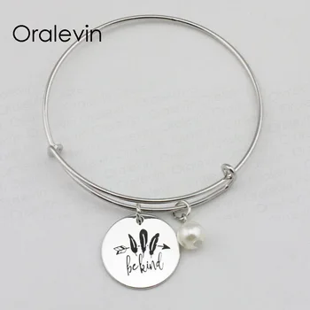

BE KIND Inspirational Hand Stamped Engraved Creative Charm Pendant Wire Expandable Bracelet Handmade Jewelry,10Pcs/Lot, #LN2279B