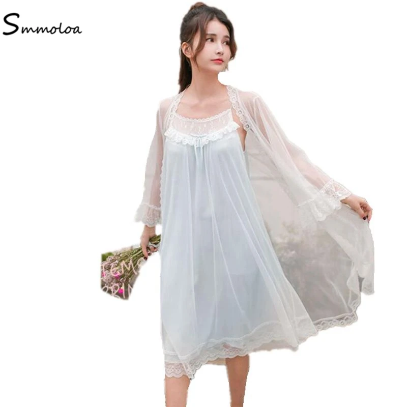 

Smmoloa Summer Women Lace Robe Gown Set Sexy See-through Mesh Lace Sleepwear
