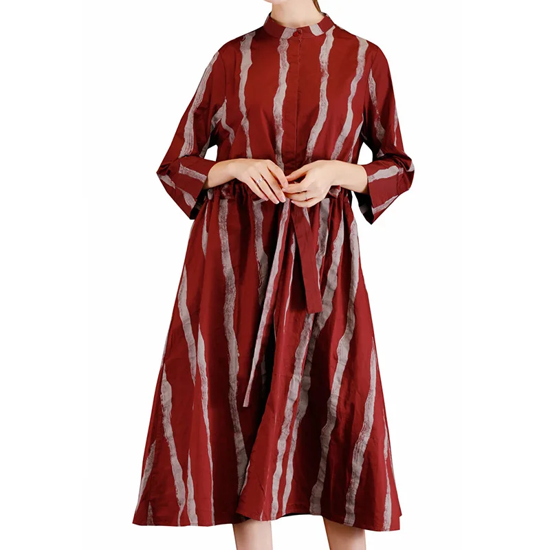 Винтажное платье размера плюс, женская одежда, весна-осень, Полосатое платье средней длины из хлопка, женское однобортное платье-рубашка, платья TA7104