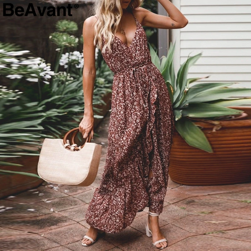 

BeAvant V neck spaghetti straps women dress Boho floral print ruffled long dress female High waist holiday beach ladies vestidos