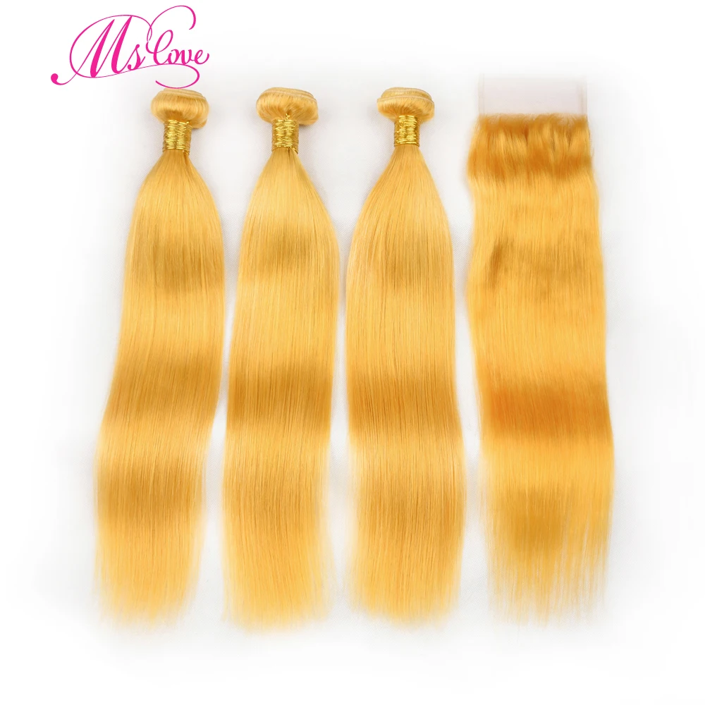 

Ms Love Pre Colored Yellow Brazilian Straight Hair Bundles With Closure 100% Human Hair Bundles With Closure 4*4 Remy Hair Weave