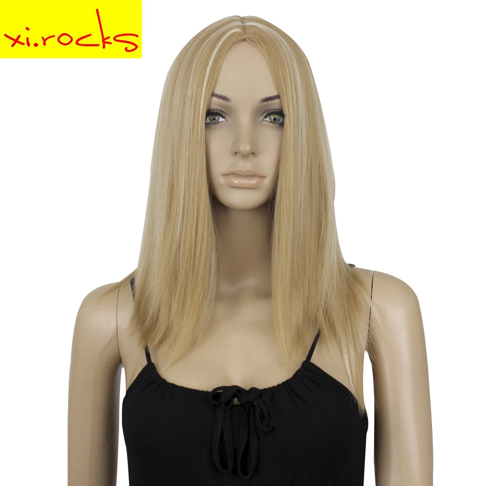 

3166 19Inch Shoulder Length Wig Blonde Ombre Straight Synthetic Wigs For Women Heat Resistant Fiber Full Head Hair Free Shipping