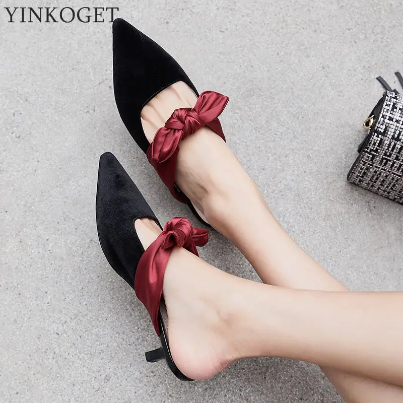 

YINKOGET high quality velvet women slippers pointed toe summer women sandals fashion sexy comfortable flip flops high heel shoes
