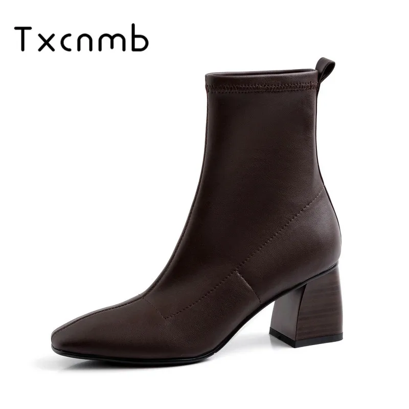 

TXCNMB 2019 Fashion winter boots women Genuine leather Heel Women Shoes Casual Round Toe Cut Outs Ankle Boots Autumn Short Boots