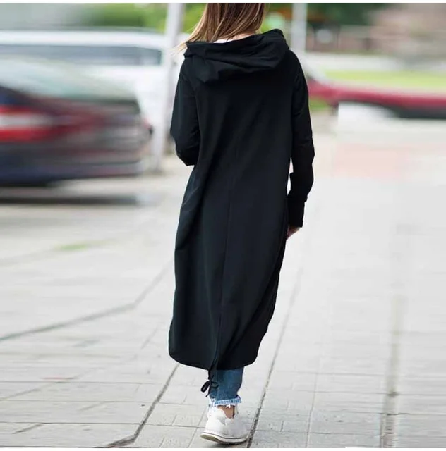 LOSSKY Fashion długi rękaw z kapturem Trench płaszcz 2018 jesień czarny zamek błyskawiczny plus rozmiar 5XL aksamitny długi płaszcz kobiety overcoat Odzież -