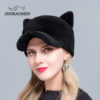 

JINBAOSEN 2019 New fashion baseball cap sheepskin hat fashion fur hat cat ears style cap duck tongue winter ski cap