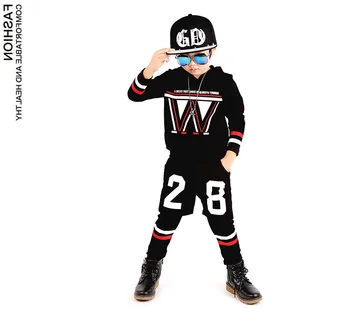 

Spring AutumnKids Set Unisex Costumes Black28 Striped Hip Hop dance Leggings & Shorts & 86 W Sweatshirt kids 3pcs suits