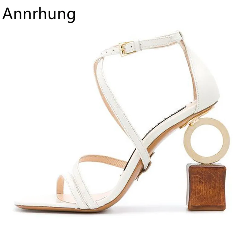 

Asymmetric Building Block Heel Sandals Women Ankle Strap Open Toe High Heels Narrow Band Runway Sandalias De Mujer