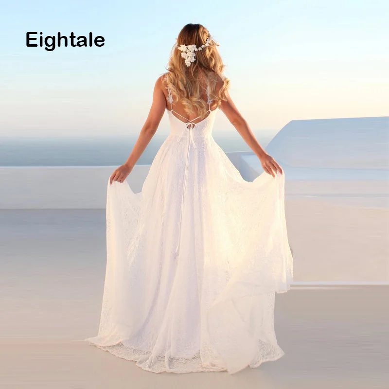 

Eightale Beach Wedding Dress 2019 V Neck Backless Lace A Line Spaghetti Strap Boho Bride Dress Cheap Wedding Gown Free Shipping