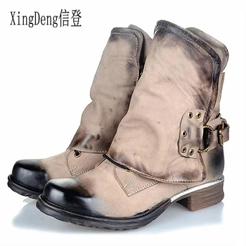 

XingDeng Lady Party Western Buckle Rivets Turnup Ankle Boots Shoes 34-43 European Design Flat Square Heels Zip Motorcycle Boots