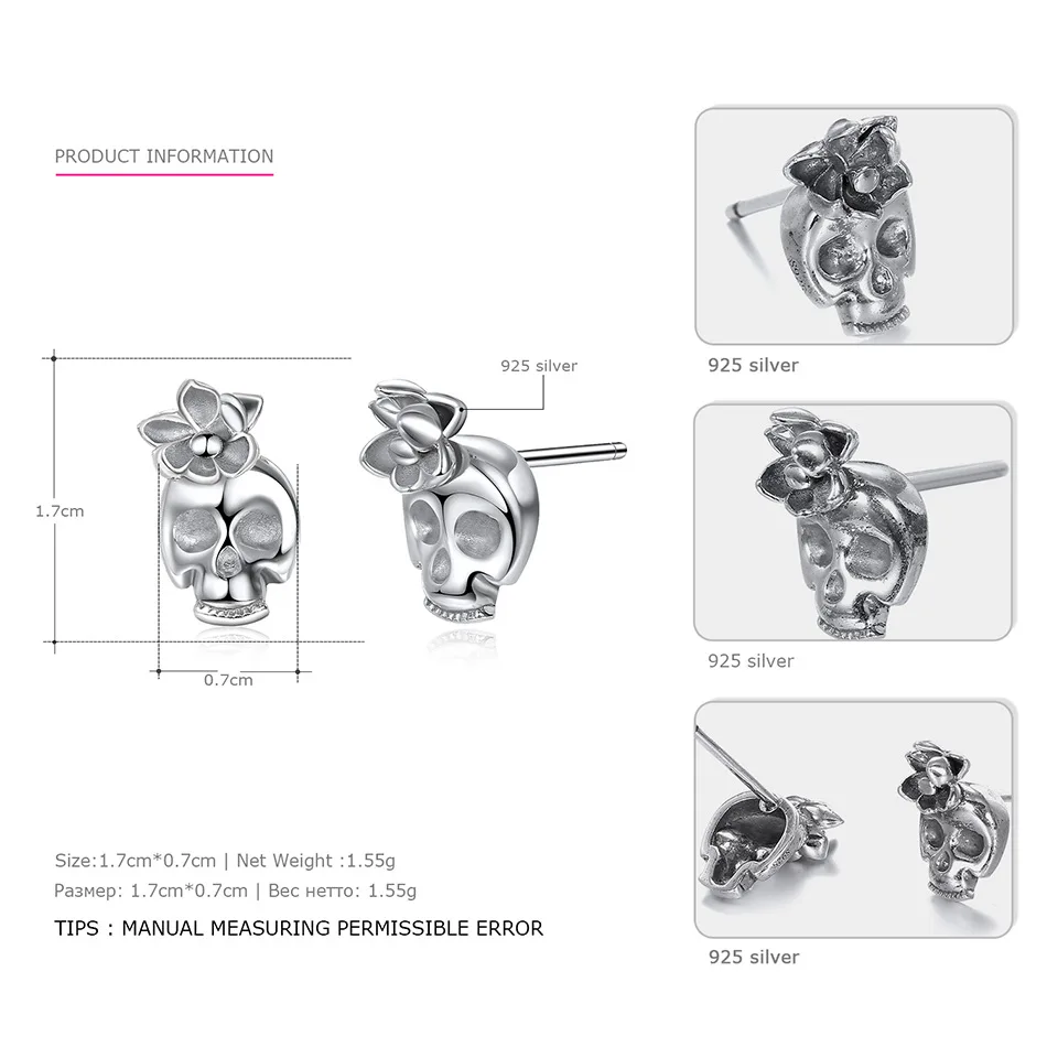 T09-925-Sterling-Silver-Stud-Skull-Earrings-Say-You-Say-Me-Vintage-Antique-Silver-Party-Elegant-Prevent