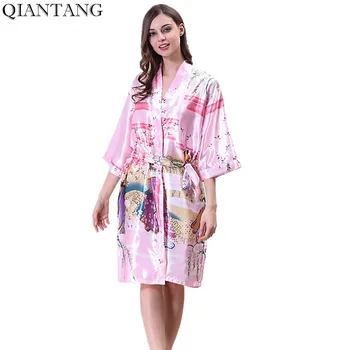 

Pink Women's Robe Kimono Bath Gown Yukata Nightgown Lady Faux Silk Sleepwear Sleepshirts Pijama Mujer Size S M L XL Y8848