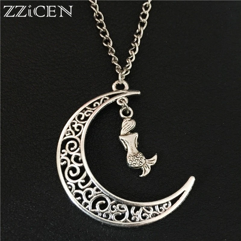 

New Trendy Antique Silver Moon Beauty Little Mermaid Pendant 70CM Long Chain Necklace for Women Romantic Unique Gifts Jewelry