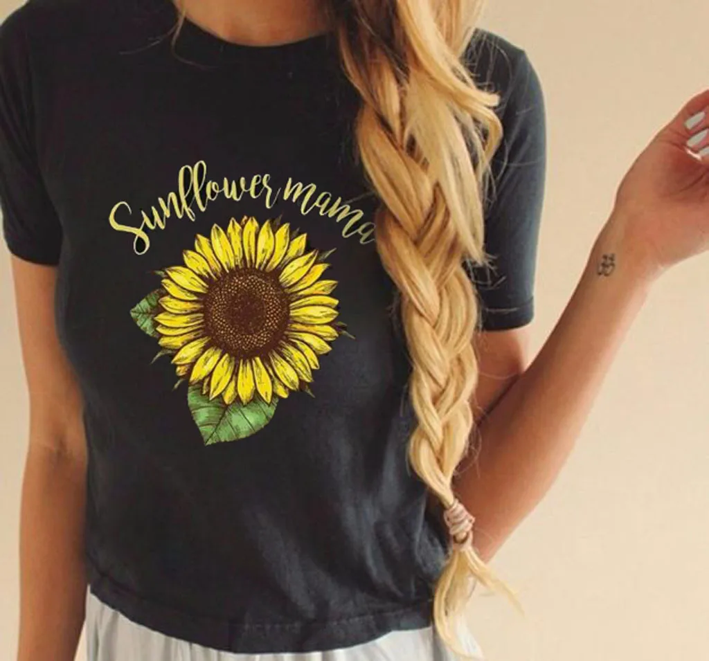 

Women Short Sleeve Sun Child Sunflower Printed Casual T-Shirts T-shirt Tee Tops