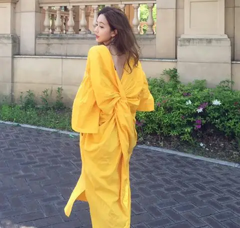 

2016 women's clothes backless pleated long yellow color dress bow design fashion woman summer loose dresses