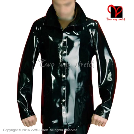 

Sexy Black Latex jacket Long sleeve buttons at front Rubber coat shirt Gummi Uniform blouse Top clothes clothing XXXL SY-074