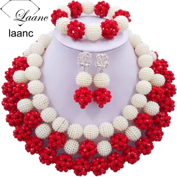 

Brand Laanc African Style Nigerian Beads Necklace WhiteSimulated Pearl and Red Opaque Crystal Wedding Jewelry Set AL350