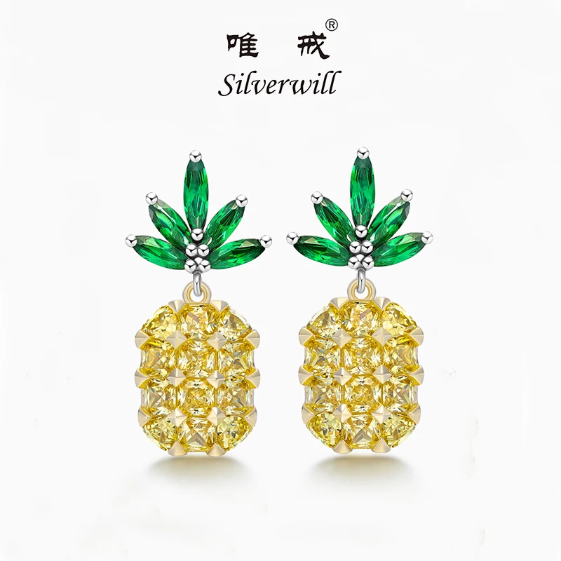 

Sparkling earrings with stones 925 Sterling silver symmetry exquisite pineapple stud earrings girls blue crystal fashion jewelry