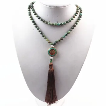 

(Free Shipping) 6mm Africa Turquoises Stone Round Beads Nepalese Tassel Layered Design Necklace SHX1040